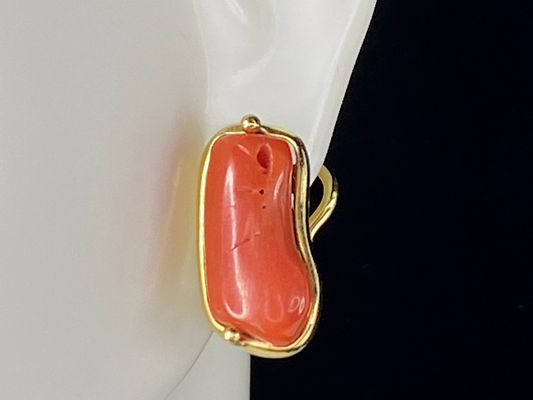 18K yellow gold Salmon Coral French back earrings 8.5g