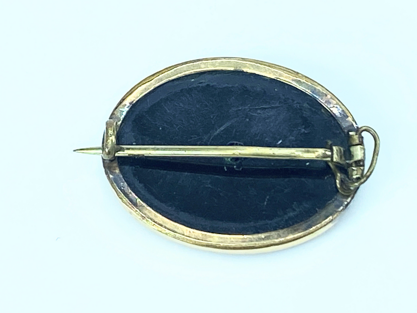 Antique Mourning brooch, Onyx, Pearl and Diamond, 15k gold, Ivy leaf JR9017