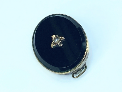 Antique Mourning brooch, Onyx, Pearl and Diamond, 15k gold, Ivy leaf JR9017