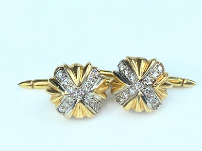 14K yellow gold 0.4ct Round brilliant diamond Ribbed cufflinks studs