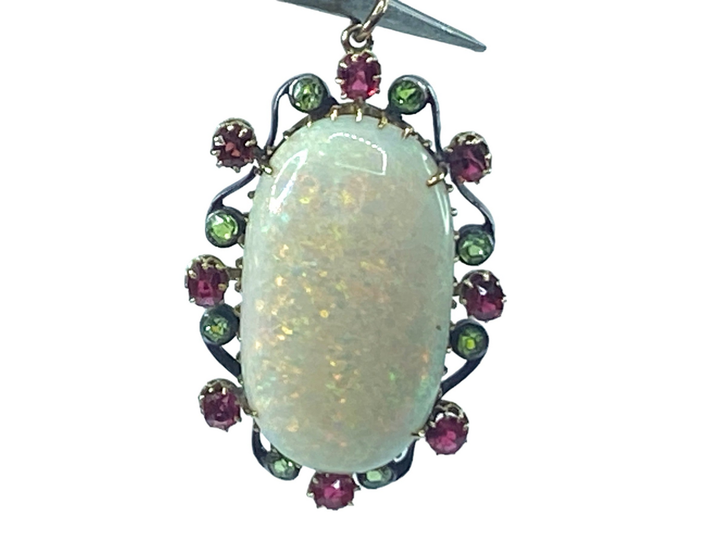 Antique Oval cut Opal Cabochon Ruby Peridot in 18K gem pendant 11.8g