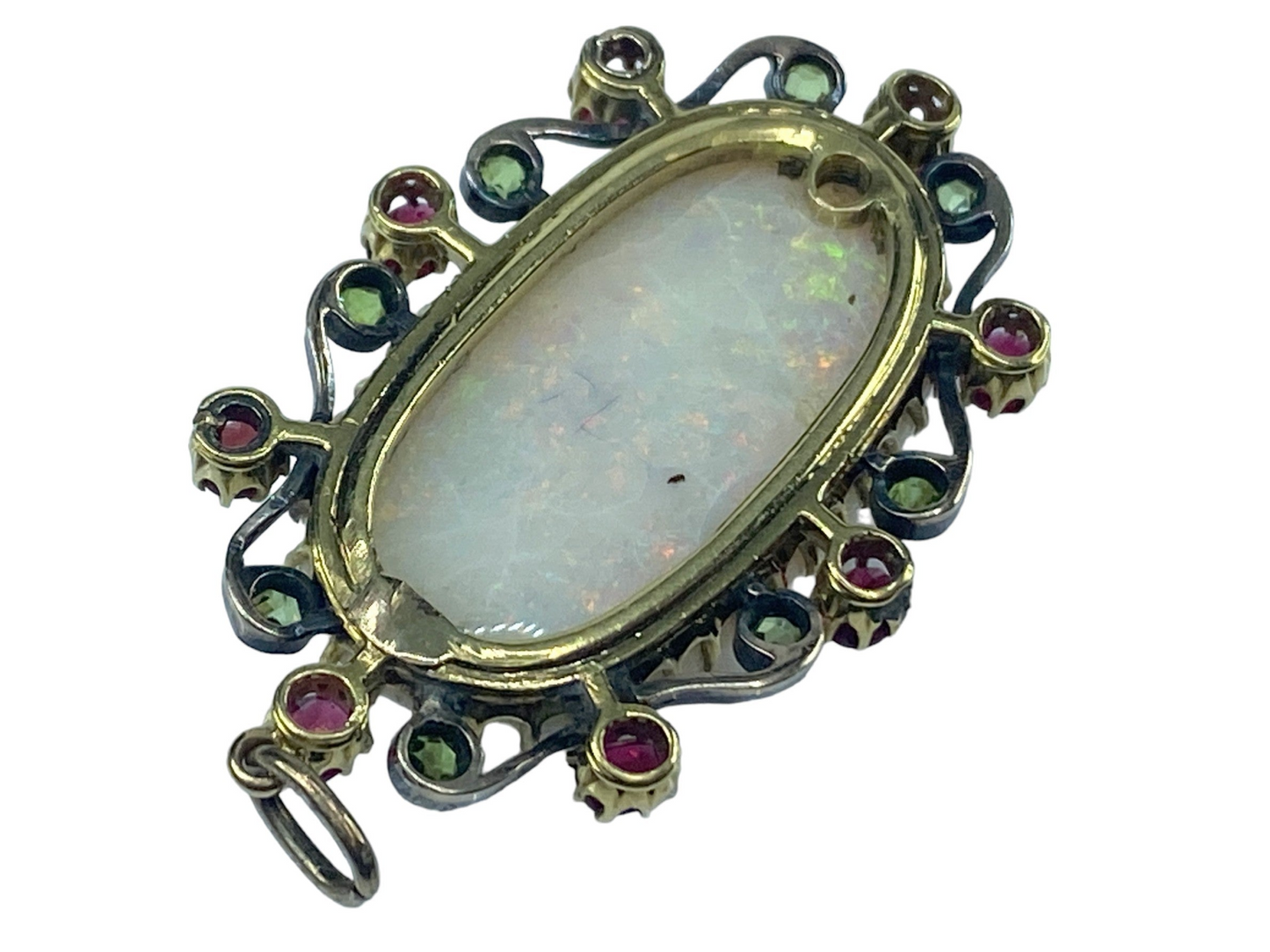 Antique Oval cut Opal Cabochon Ruby Peridot in 18K gem pendant 11.8g