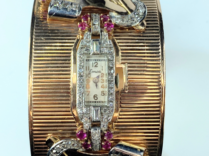 1940s 1.00ctw Ruby, 0.80ctw Diamond, 14K and Platinum mechanical Watch