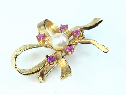 1950s Cultured Pearl and Ruby Bow Brooch In 14kt Yellow Gold