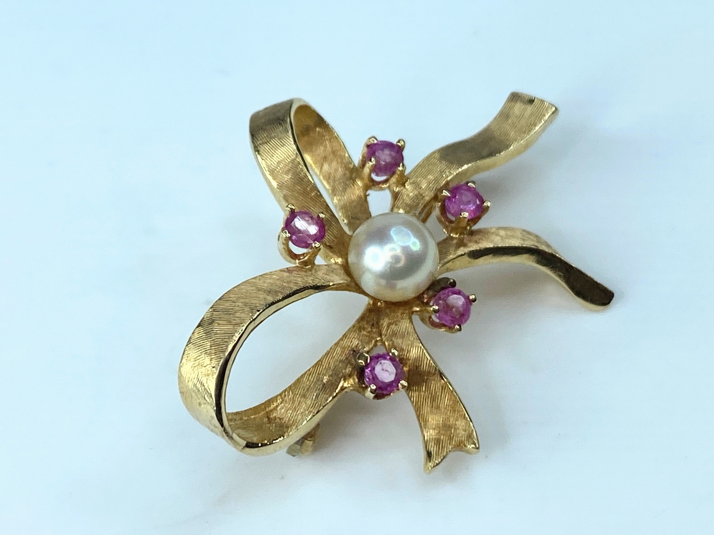 1950s Cultured Pearl and Ruby Bow Brooch In 14kt Yellow Gold