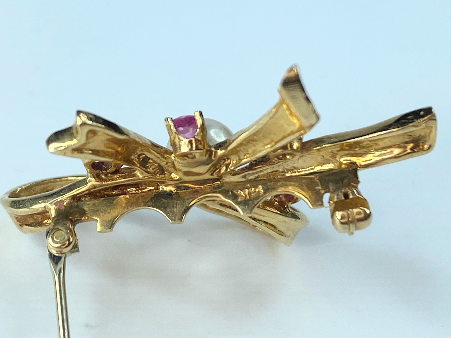 1950s Cultured Pearl and Ruby Bow Brooch In 14kt Yellow Gold