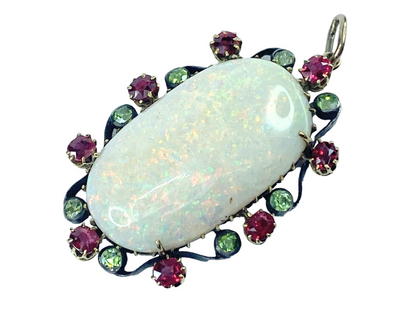 Antique Oval cut Opal Cabochon Ruby Peridot in 18K gem pendant 11.8g