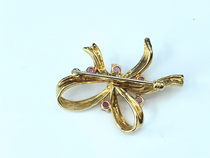 1950s Cultured Pearl and Ruby Bow Brooch In 14kt Yellow Gold