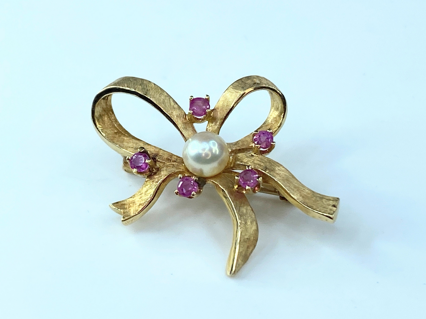 1950s Cultured Pearl and Ruby Bow Brooch In 14kt Yellow Gold