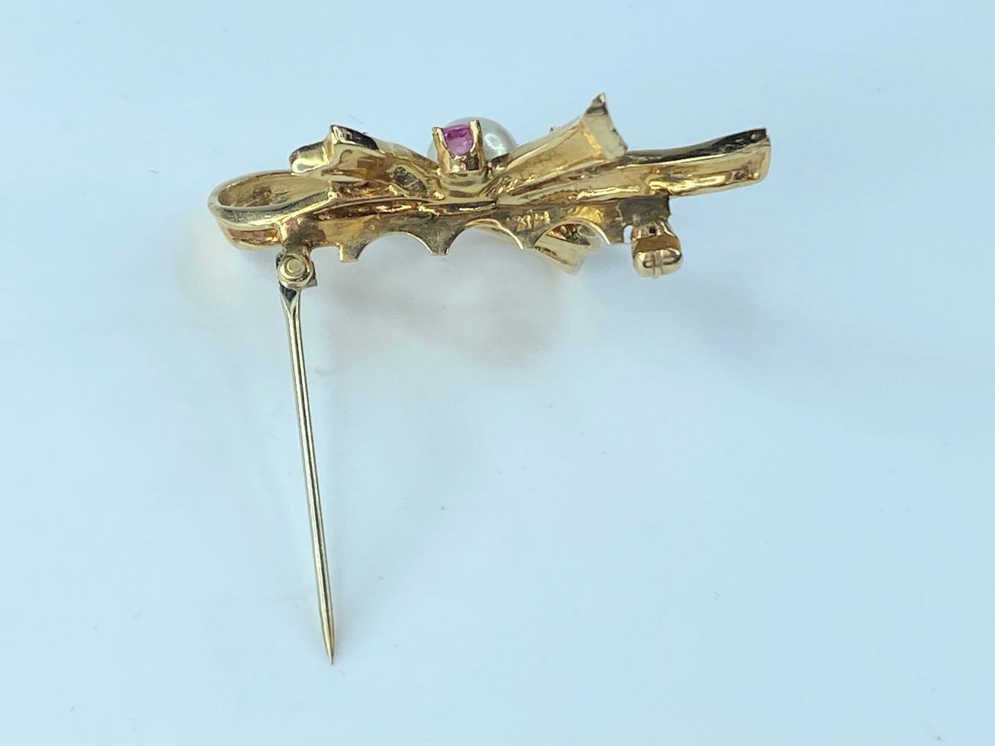 1950s Cultured Pearl and Ruby Bow Brooch In 14kt Yellow Gold