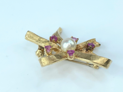 1950s Cultured Pearl and Ruby Bow Brooch In 14kt Yellow Gold