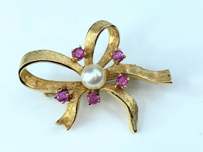 1950s Cultured Pearl and Ruby Bow Brooch In 14kt Yellow Gold