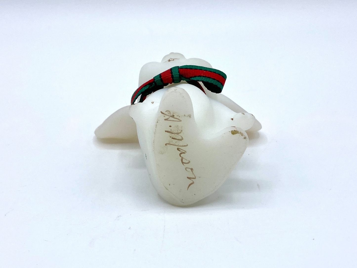 1970 Fenton signed Satin milk glass Green/Red Ribbon bow mouse by D Mason