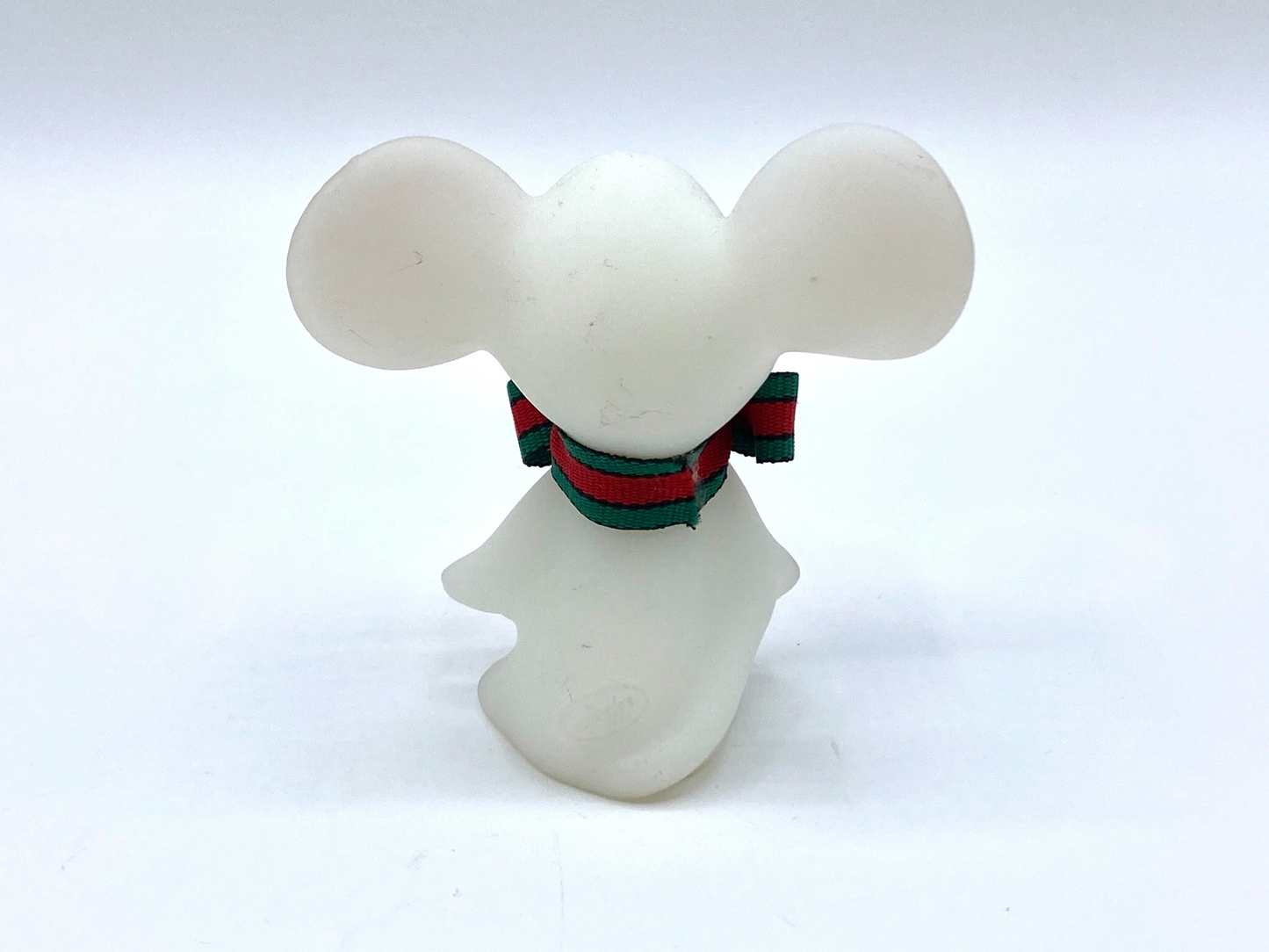 1970 Fenton signed Satin milk glass Green/Red Ribbon bow mouse by D Mason