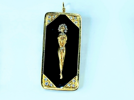 1970's 14K yellow gold onyx diamond pendant