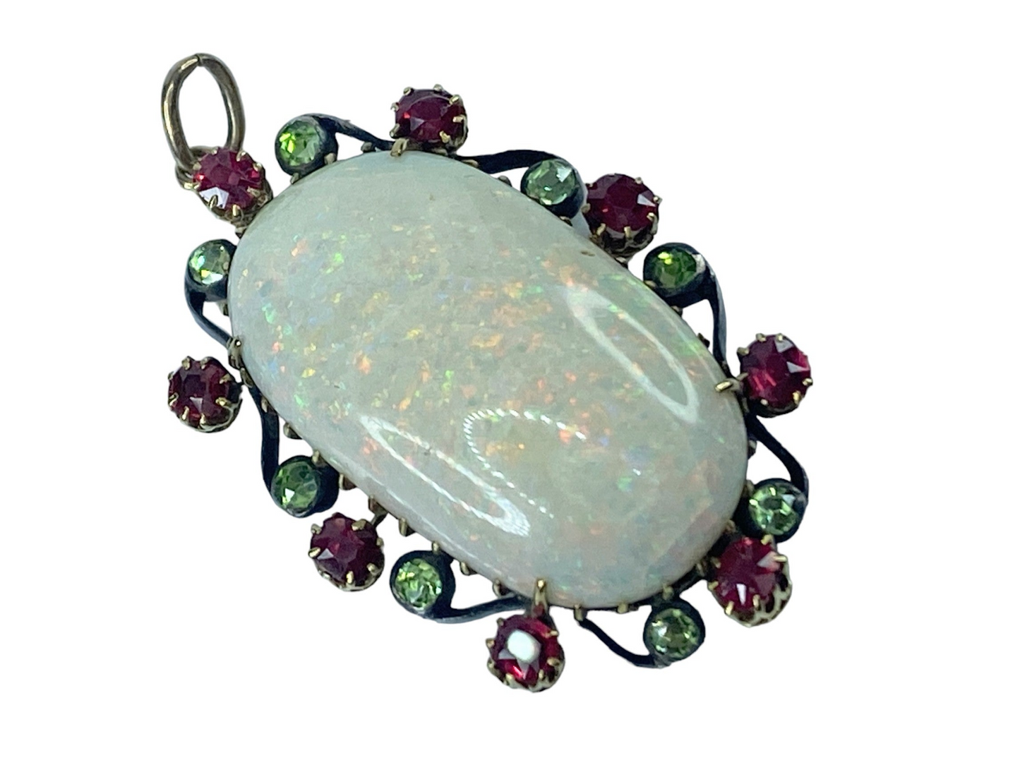 Antique Oval cut Opal Cabochon Ruby Peridot in 18K gem pendant 11.8g