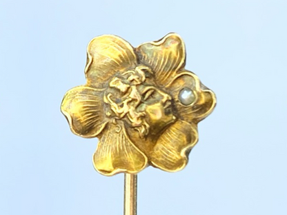 Antique Goddess head bust on Flower Seed Pearl hat pin in 10K