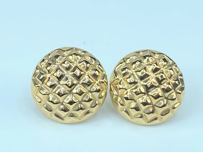 14K gold Quilt Pattern Dome button French back earrings 6.8g