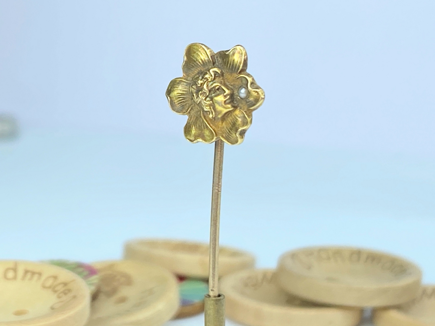 Antique Goddess head bust on Flower Seed Pearl hat pin in 10K