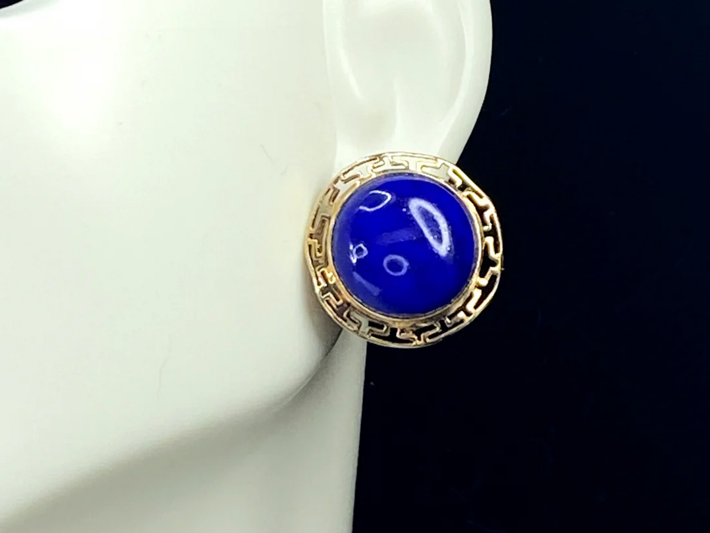 14k Gold Round Blue Onyx Greek Key Earrings 6.5g JR8856