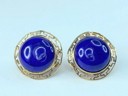 14k Gold Round Blue Onyx Greek Key Earrings 6.5g JR8856