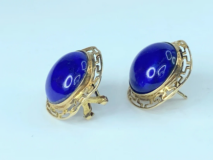 14k Gold Round Blue Onyx Greek Key Earrings 6.5g JR8856