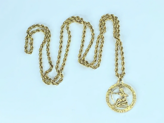 14k gold Sagittarius Zodiac Pendant in 3.25mm rope link 28" necklace