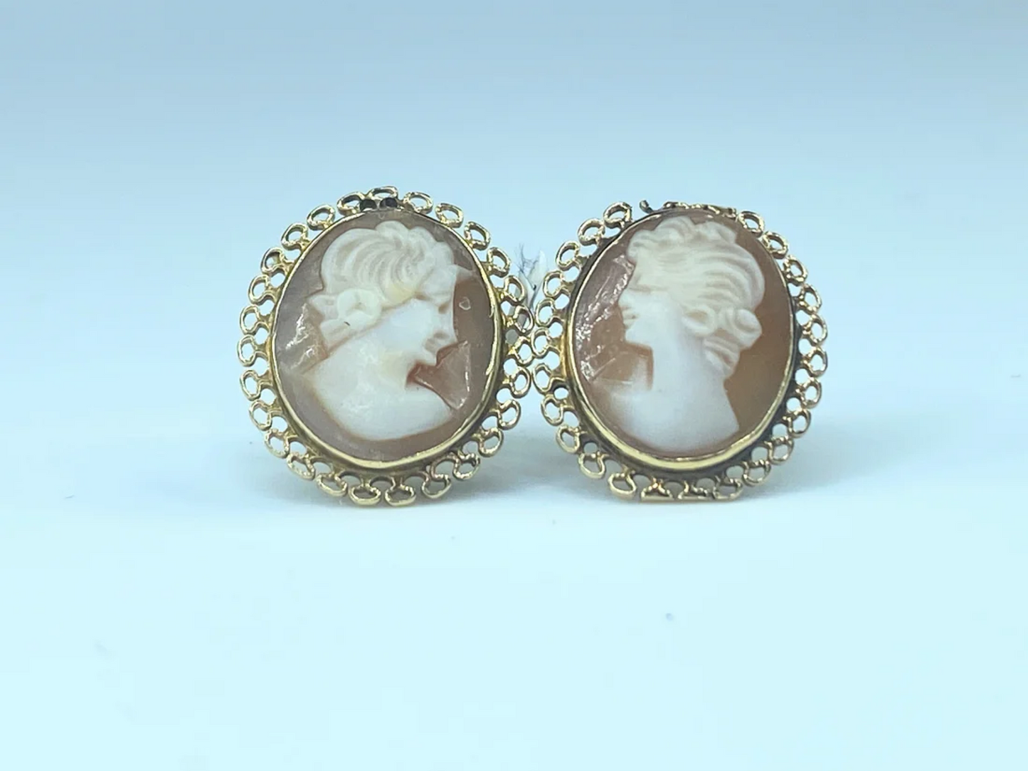 14K Gold Shell Cameo decorated frame stud earrings