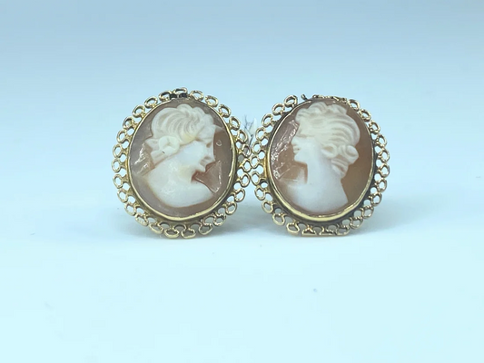 14K Gold Shell Cameo decorated frame stud earrings