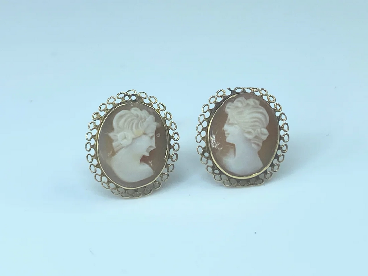 14K Gold Shell Cameo decorated frame stud earrings