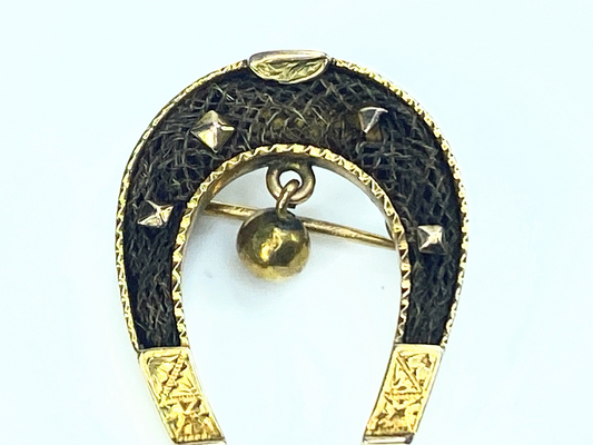 Antique horseshoe brooch woven inlay horsehair dangle bell brooch 15K JR9018