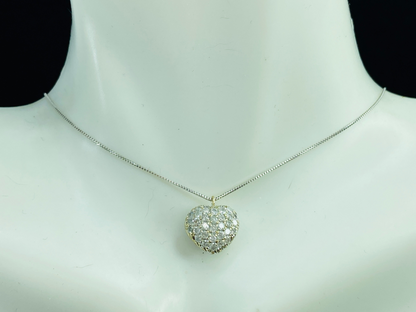 18K Diamond Pave Puff Heart Pendant White Gold box chain necklace 17.5"