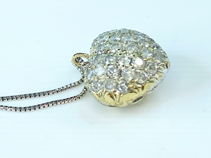 18K Diamond Pave Puff Heart Pendant White Gold box chain necklace 17.5"