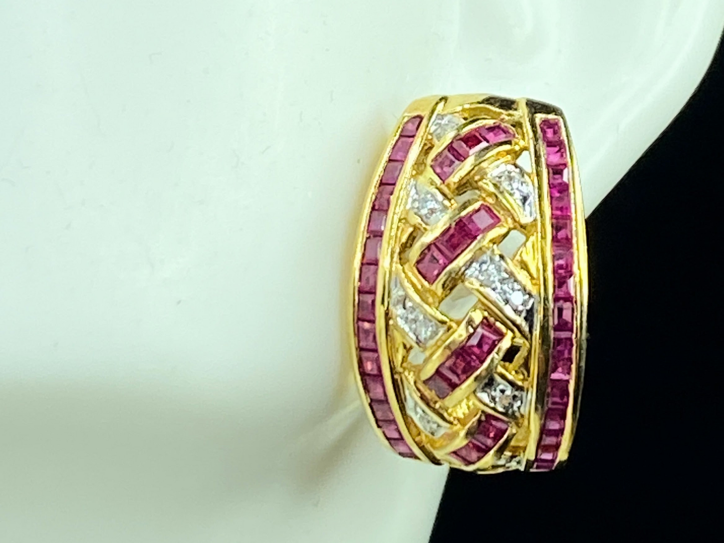 18K gold 1.0ct Ruby Diamond Basket Weave earrings French back 11.6g