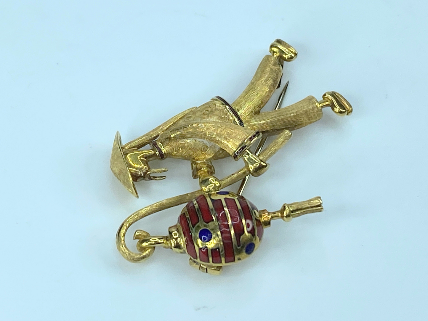 "Raised the Red Lantern" Asian motif enamel in 18K gold brooch