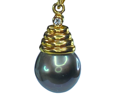 10.8mm Black Pearl Diamond Pendant Fancy Rope link 14K necklace