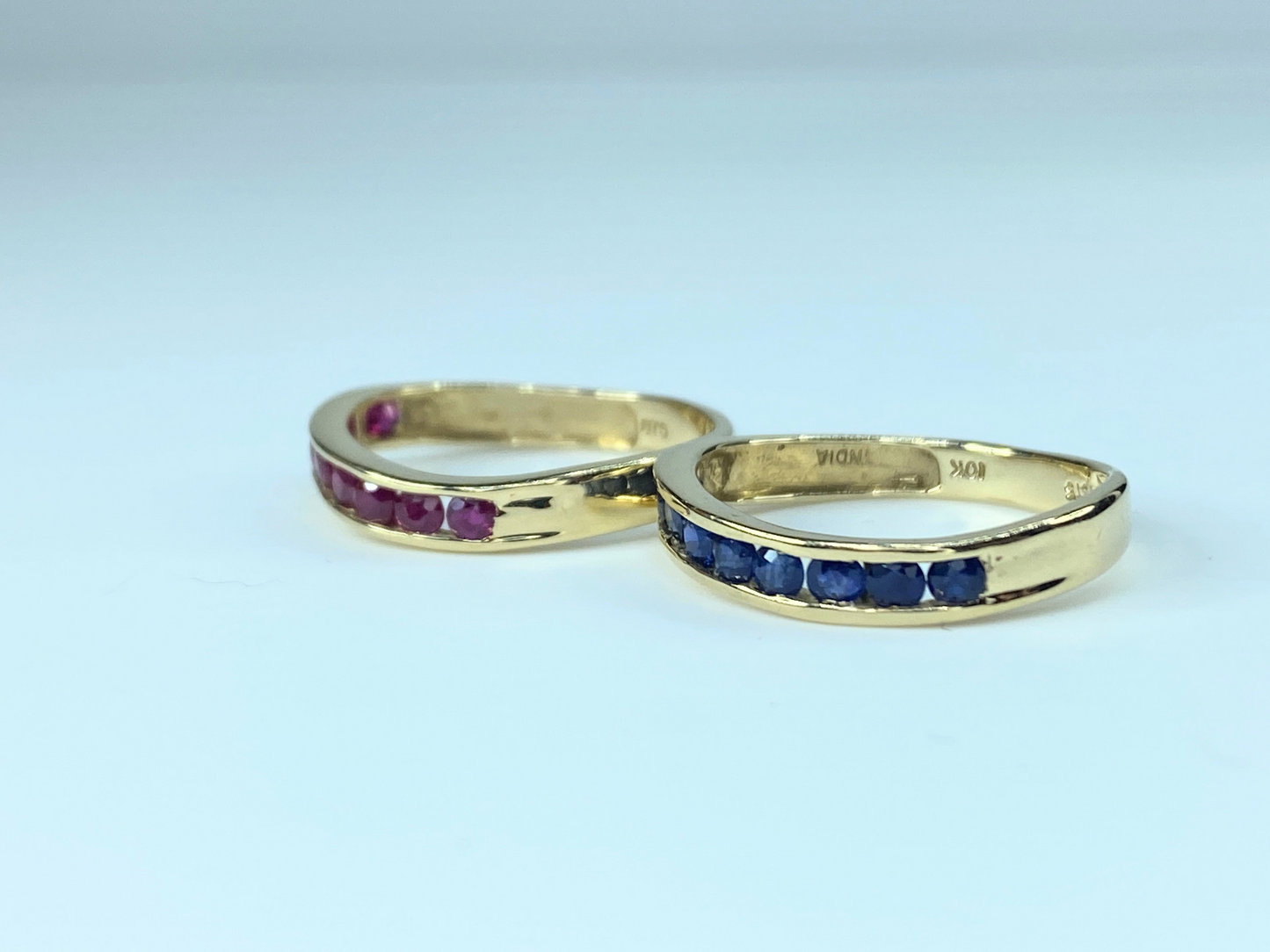 10K gold 0.8ct Sapphire Ruby half Eternity rings set of two s7 JR8890