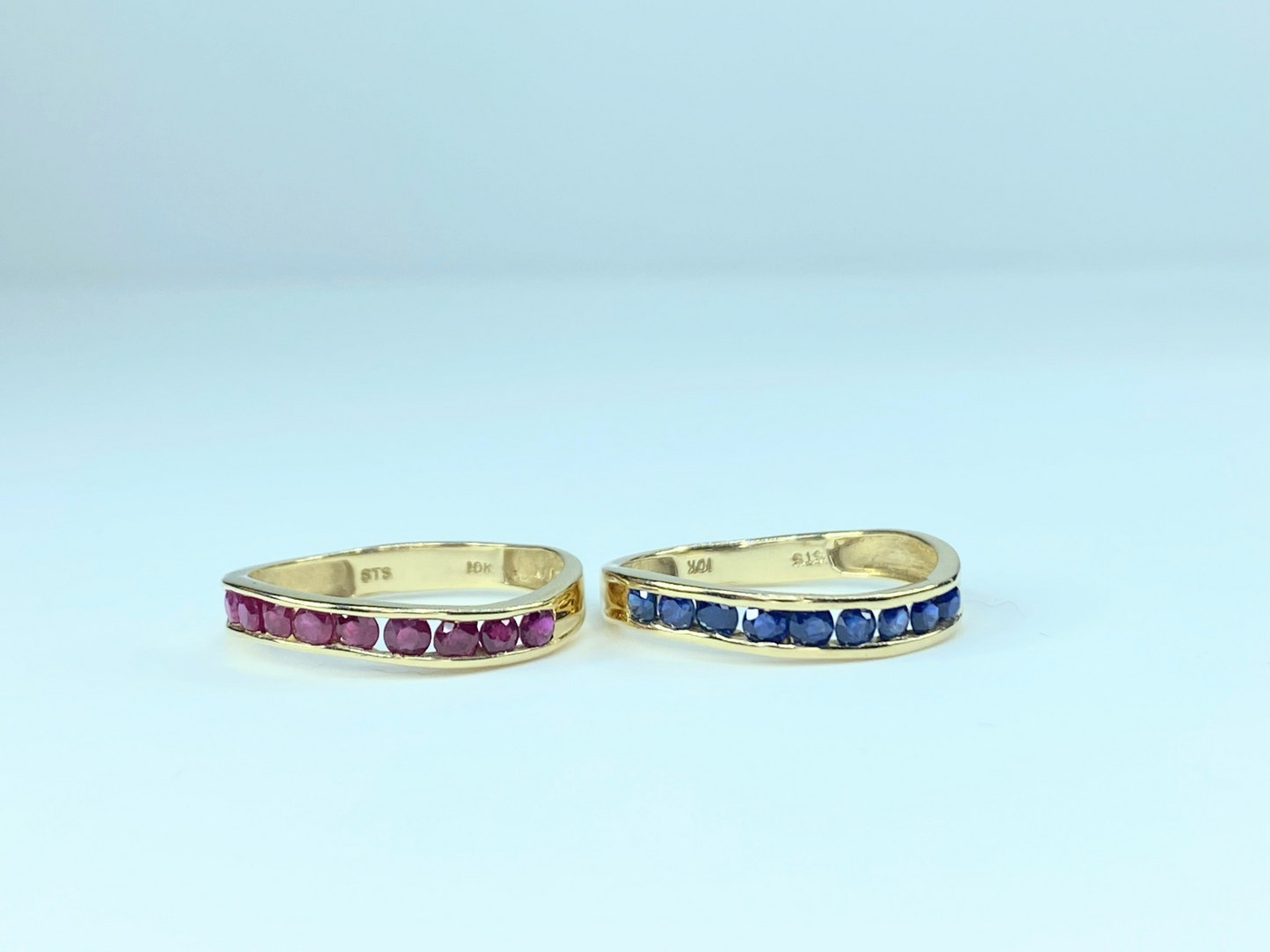 10K gold 0.8ct Sapphire Ruby half Eternity rings set of two s7 JR8890