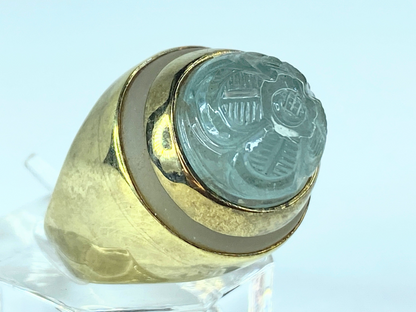 14 Karat carved Aquamarine & frosted aquamarine signet ring