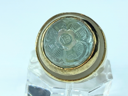 14 Karat carved Aquamarine & frosted aquamarine signet ring