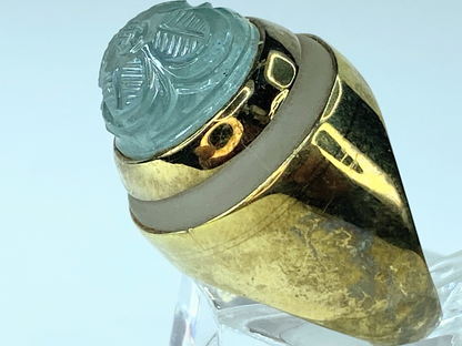 14 Karat carved Aquamarine & frosted aquamarine signet ring