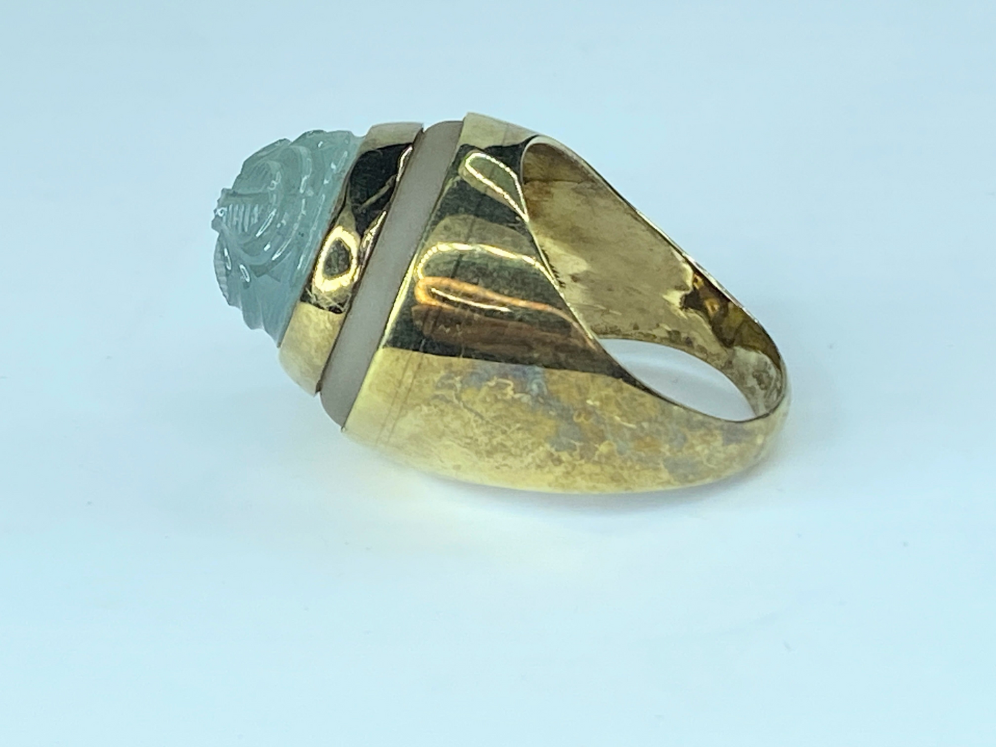 14 Karat carved Aquamarine & frosted aquamarine signet ring