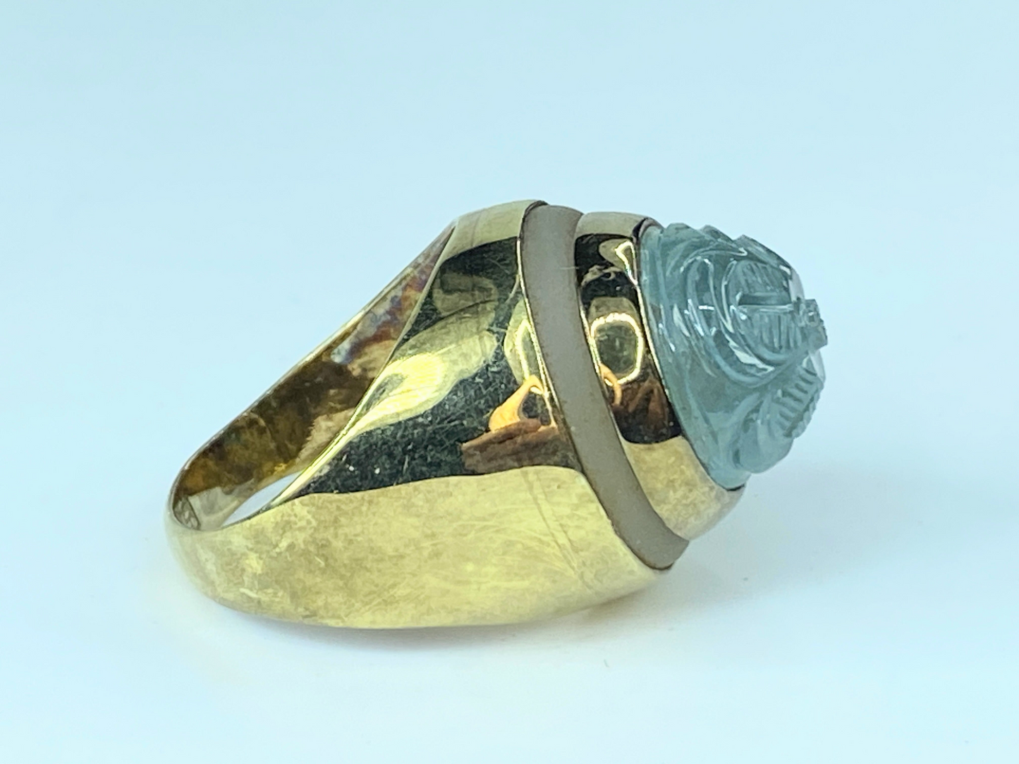 14 Karat carved Aquamarine & frosted aquamarine signet ring