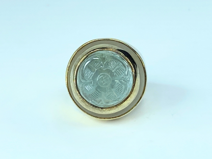 14 Karat carved Aquamarine & frosted aquamarine signet ring