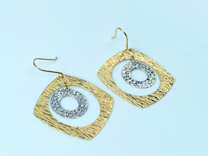 14k bi-color geometric texture dangle earrings JR8907