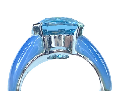 18K gold 8.5ct cushion cut Topaz Blue Chalcedony shoulder ring 15.4g s7.5