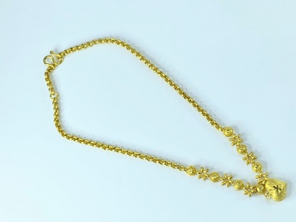 24K yellow gold Floral motif Puffy Heart rolo link necklace 15" 30.4gm