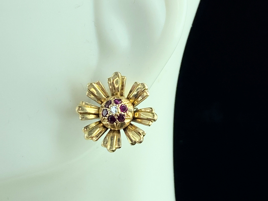 14K Diamond Ruby Dome center Daisy flower post earrings 8.5gm 16.1mm