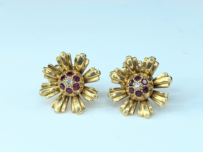 14K Diamond Ruby Dome center Daisy flower post earrings 8.5gm 16.1mm