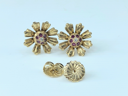 14K Diamond Ruby Dome center Daisy flower post earrings 8.5gm 16.1mm